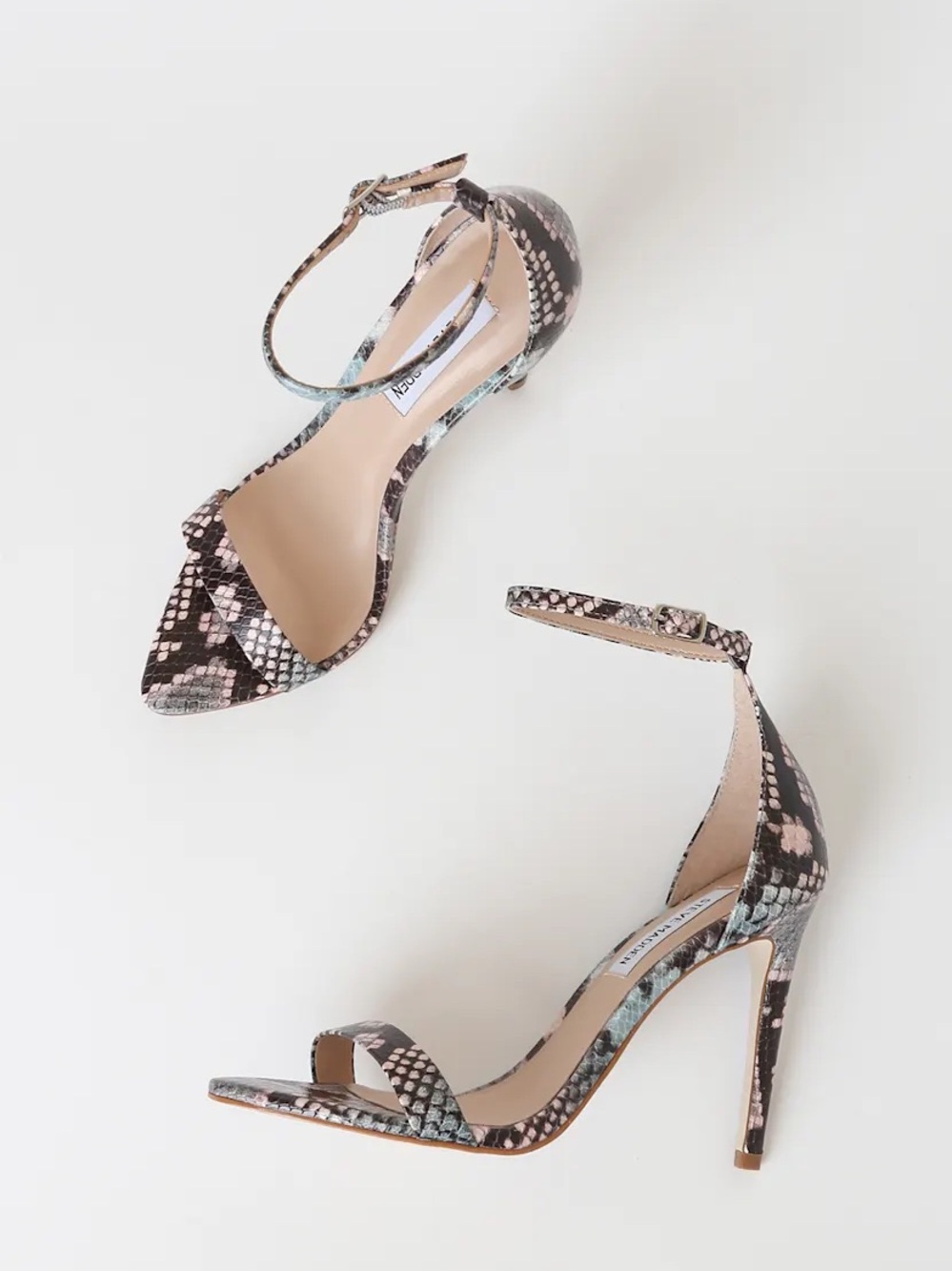Steve Madden Ankle-Strap Snake Print Stiletto Sandals - Pink/Black